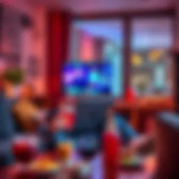 Person sitting on a couch with a laptop, watching internet television with a joyful expression, surrounded by snacks and drinks.