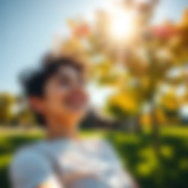 Happy person enjoying a sunny day A person smiling and relaxing in a park under a bright sun, enjoying the moment