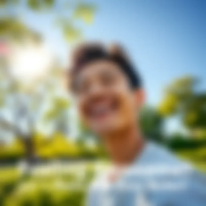 A cheerful person smiling and soaking up the sun in a bright park, surrounded by green trees and blue skies