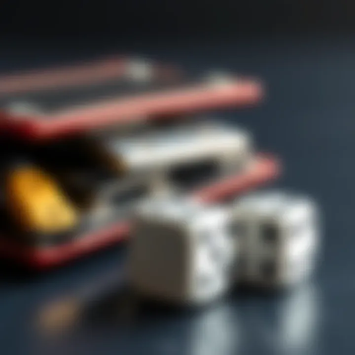 A close-up view of a hardware wallet next to a set of dice, symbolizing the risks of using random number generation for crypto security.
