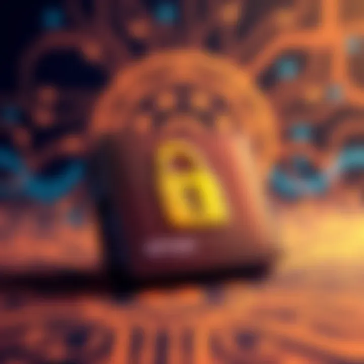 A hardware wallet with a lock symbol indicating security measures. The background features a digital circuit design, emphasizing technology and safety.