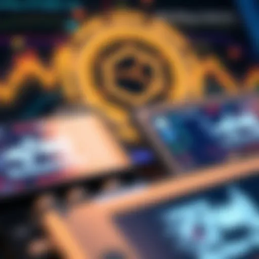 A close-up of hardware wallets showing their screens, with graphical representations of random number generation in the background.