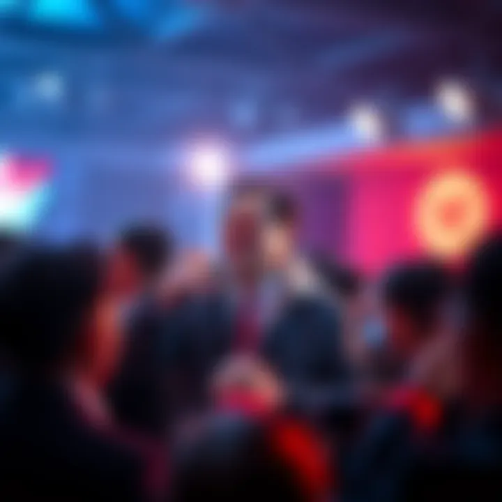 Harry Yeh speaking at an event, surrounded by people, with a spotlight on him