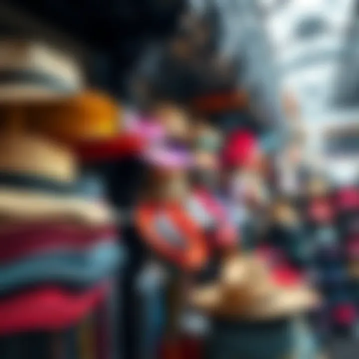 A vibrant display of various hats in a retail setting, showcasing different styles and colors to attract customers.