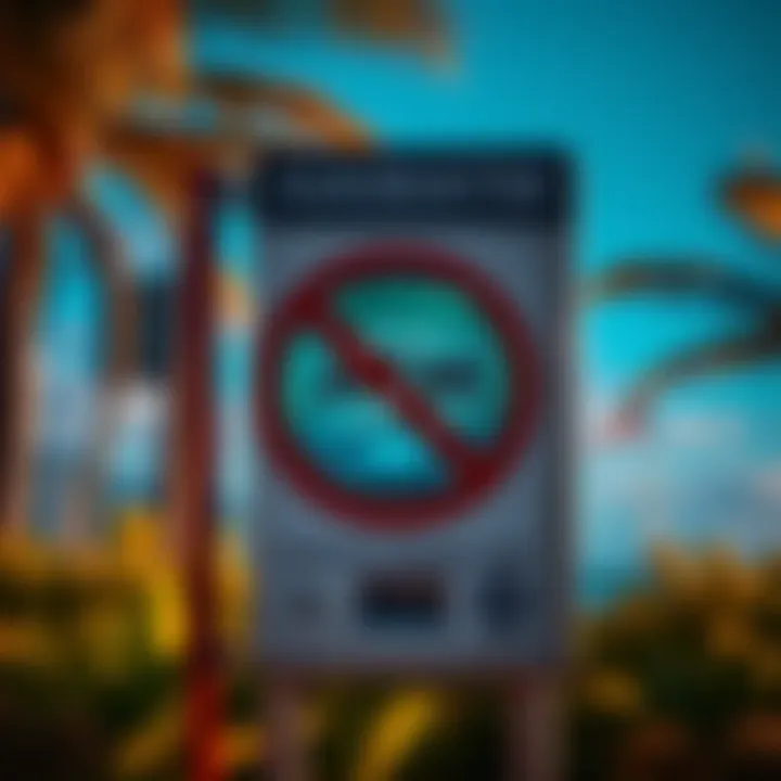 A sign announcing the ban on cryptocurrency ATMs in Hawaii, with a tropical background.