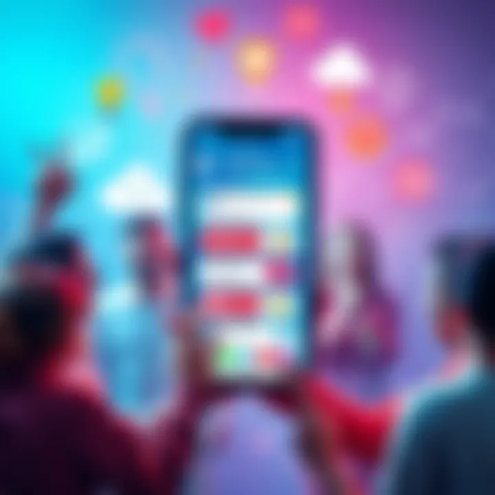 A graphic showing a smartphone with health app features like workouts, diet tips, and expert consultations, surrounded by enthusiastic people brainstorming ideas.