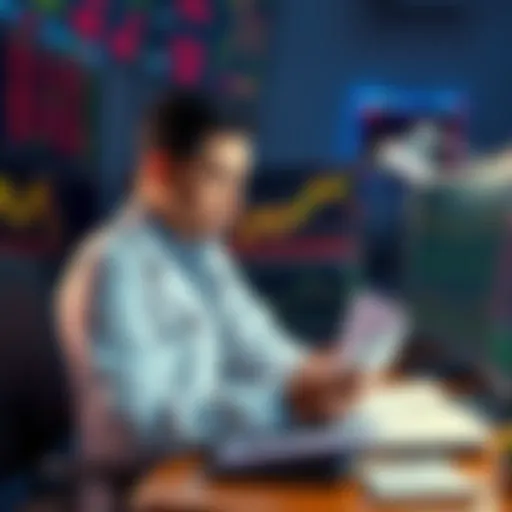 Healthcare worker stressed over trading losses A healthcare worker looks worried while checking stock charts, surrounded by paperwork and a computer, reflecting their struggles with day trading.
