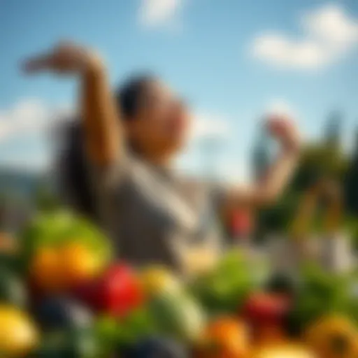 A person joyfully exercising outdoors, surrounded by fresh fruits and vegetables, symbolizing a journey towards better health and wellness.