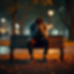 A person with a sad expression sitting on a park bench, looking down with their hands covering their face, symbolizing heartbreak.