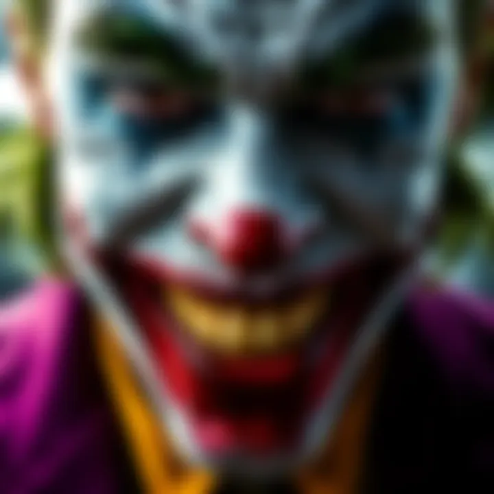 Heath Ledger as the Joker A close-up of Heath Ledger's Joker makeup, highlighting his distinct smile and intense gaze