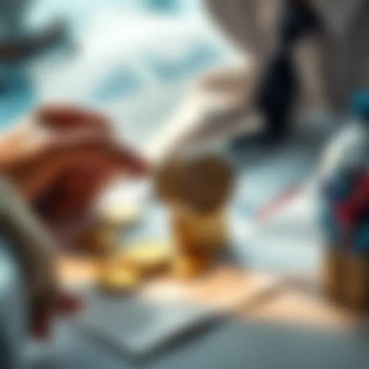 A person holding coins representing Hedera coins, surrounded by charts and financial documents, discussing investment strategies.