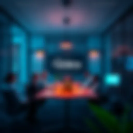 A modern office setting with Hedera branding, showcasing team members discussing strategic changes and projects, illustrating collaboration and growth.