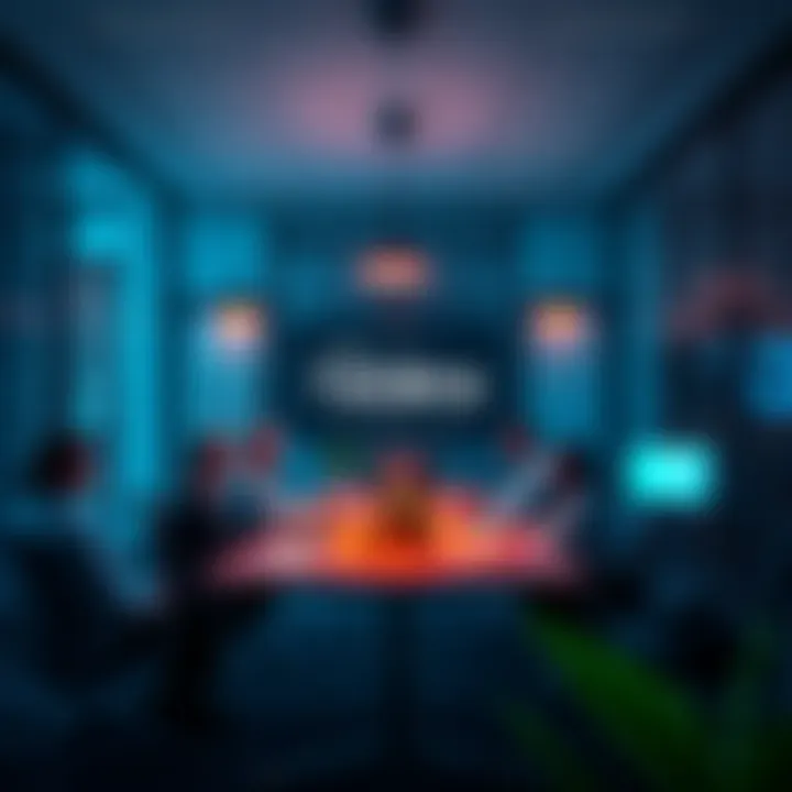 A modern office setting with Hedera branding, showcasing team members discussing strategic changes and projects, illustrating collaboration and growth.