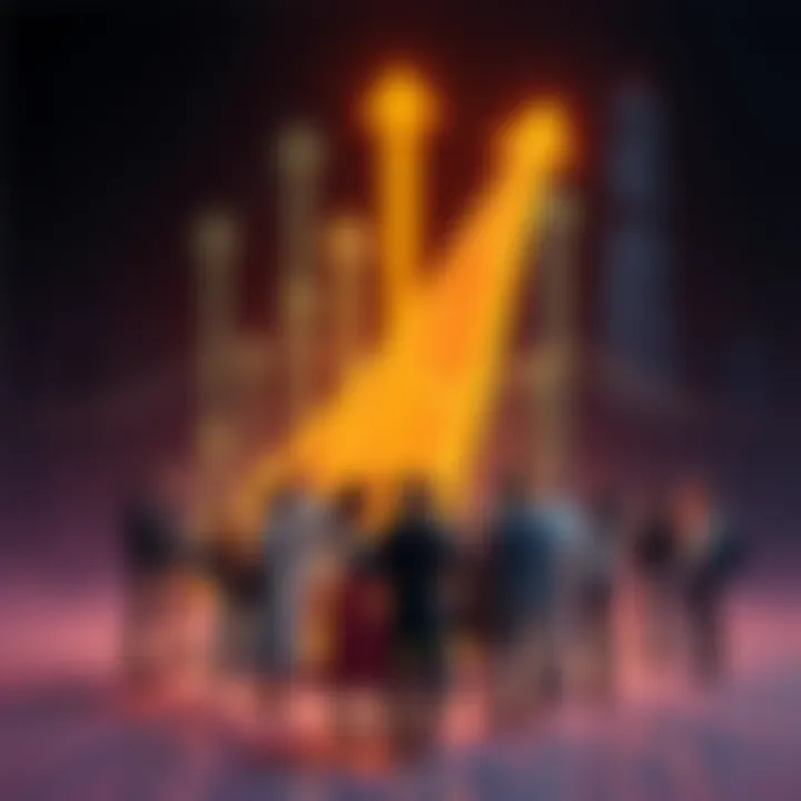 A visual representation of Hedera Hashgraph HBAR symbolizing growth, with arrows pointing upward and a diverse group of people discussing around it.