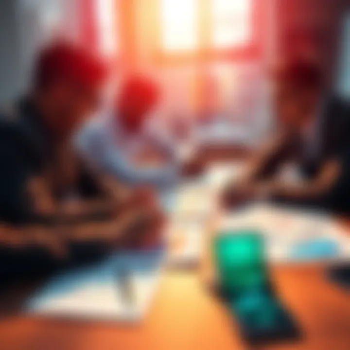 A group of investors discussing Hedera developments with charts and notes on a table, showing interest in price trends.