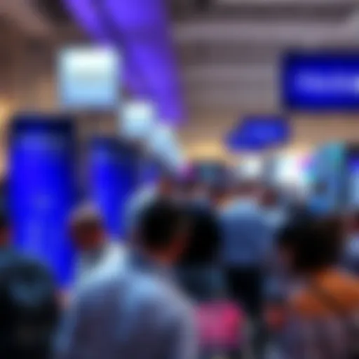 A gathering of professionals at HederaCon discussing decentralized technologies in Australia, with banners showcasing Hedera and Accenture, and attendees engaging in conversations.