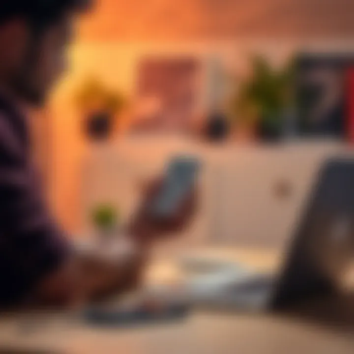 A person setting up a helium mobile hotspot device in a home office, with a laptop and smartphone nearby.