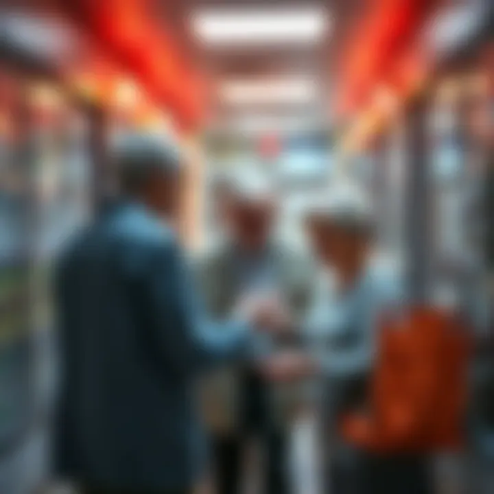 A person guiding an elderly individual through a community resource center filled with brochures and support information.