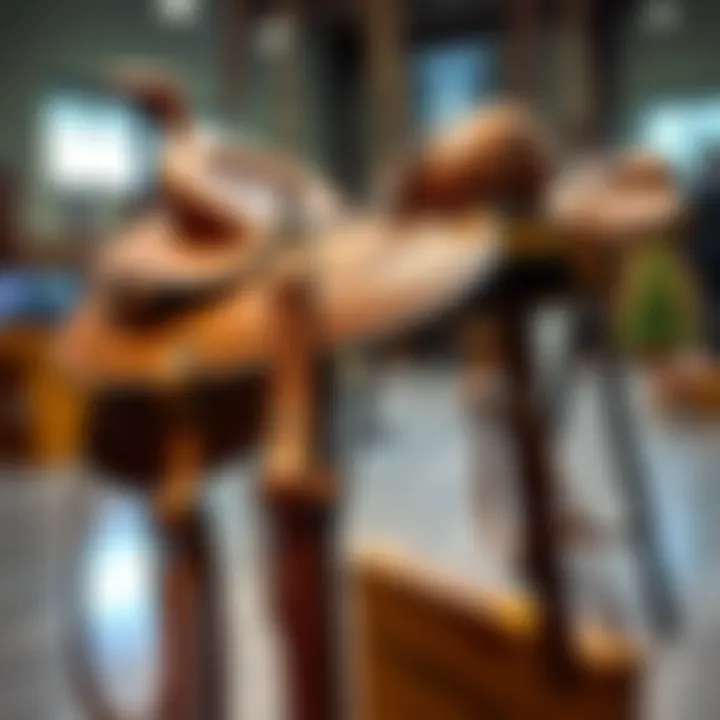 A close-up view of the Hermann Oak Old World Harness showcasing its light leather design with saddle and reins, highlighting the craftsmanship and detailing of the hardware.