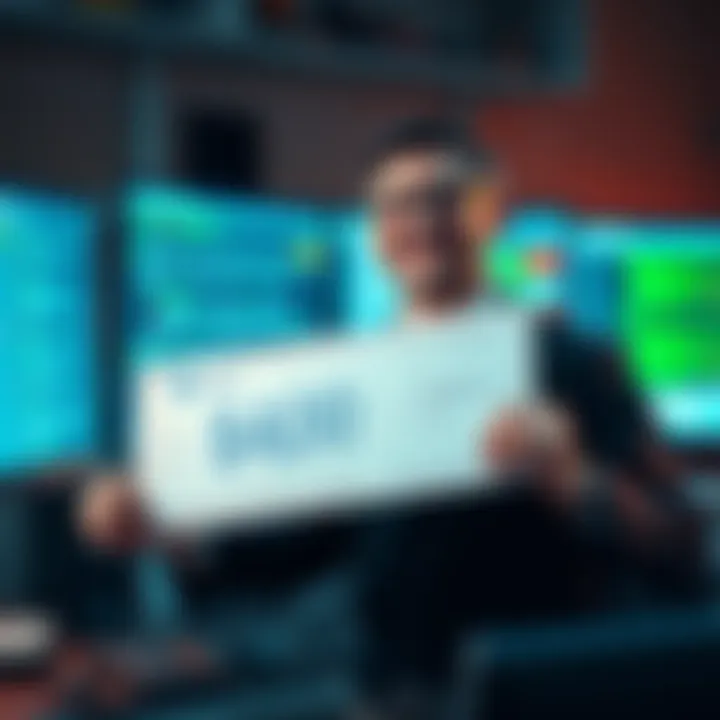 A bug hunter smiles while holding a $4,000 reward check in front of a computer screen displaying security data.