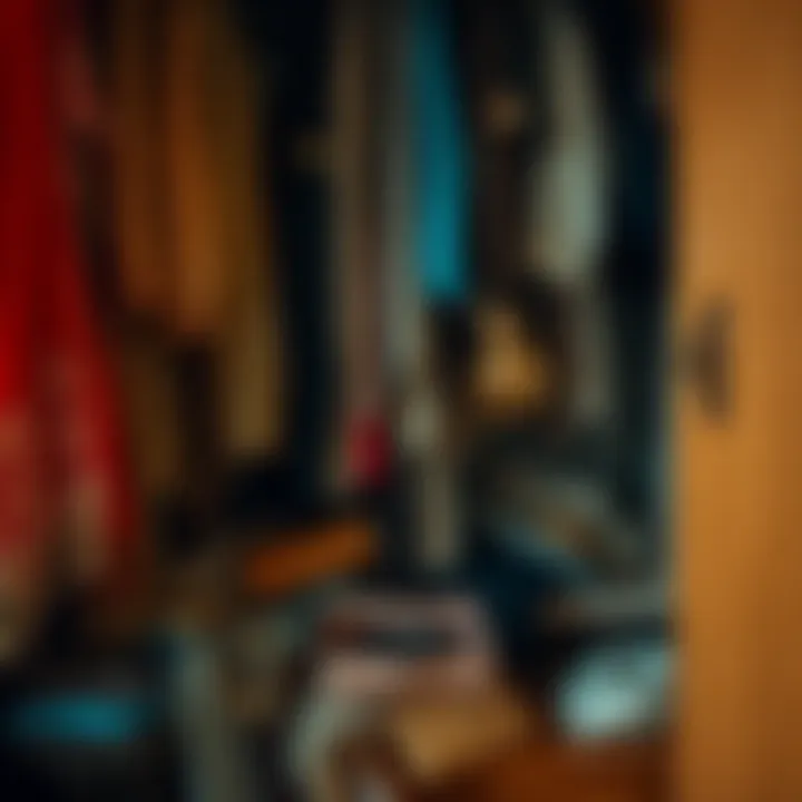 Hidden Treasures in Wardrobe A person sorting through a wardrobe filled with old clothes and keepsakes, discovering forgotten items such as jewelry and vintage clothing.