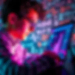 A young High Energy Physics student looking at a laptop with Web3 graphics on the screen and math equations in the background.