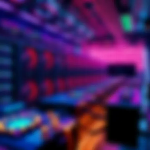 A visual representation of a high-speed computing setup with RTX 5090 GPUs working to scan keys at an accelerated rate, showcasing digital key symbols and cryptocurrency rewards in the background.