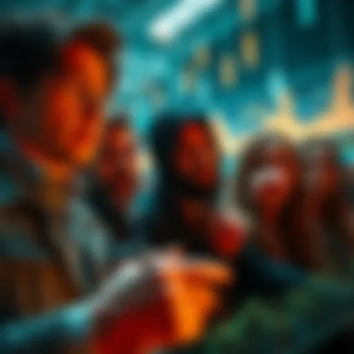 A group of worried people looking at falling graph lines and financial statistics, illustrating the risk of losses in high-stakes situations.
