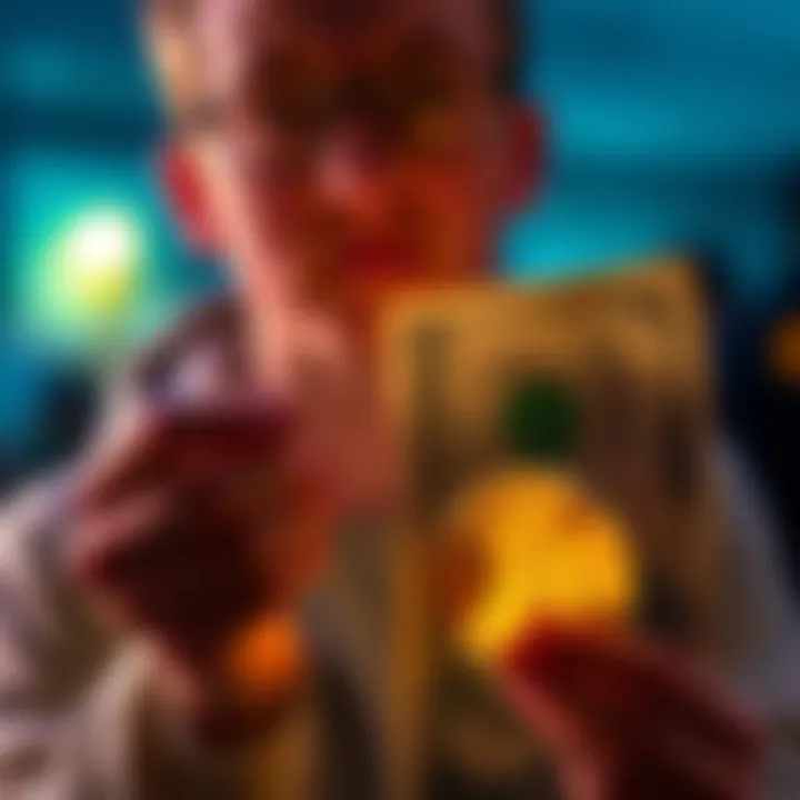 A person reflecting on their high school years while holding a Bitcoin symbol and a dollar bill used for a drug deal, symbolizing a past investment that turned into profit.