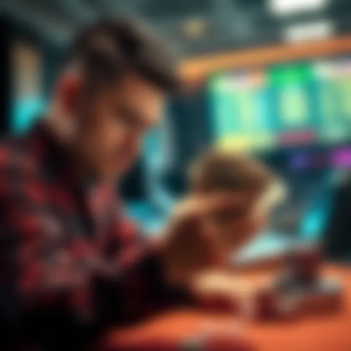 High-Stakes Gamble A player sweating nervously while holding a stack of cash, contemplating a risky bet, with a gaming setup in the background.