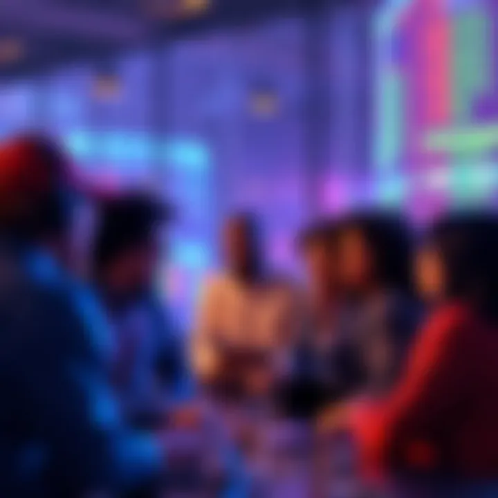 A group of diverse developers discussing strategies for hiring in the DeFi space.