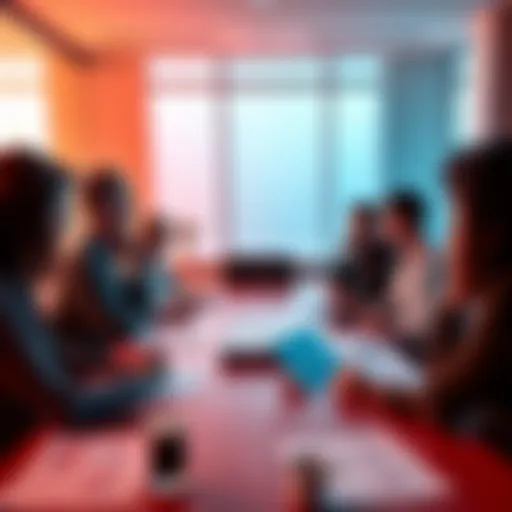 A group of people discussing hiring decisions in a meeting room with charts and resumes on the table.