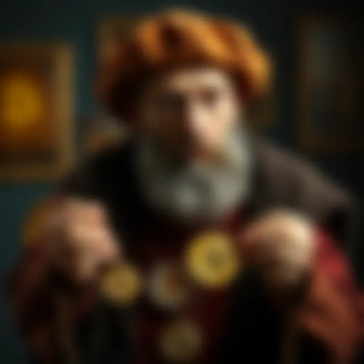 A 16th century scholar holding old coins, symbolizing the early ideas of finance and trade related to Bitcoin.