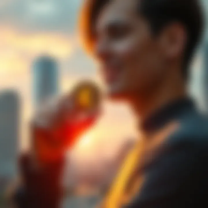 A person holding a digital coin representing Kaspa, looking hopeful about financial success, with a city skyline in the background.