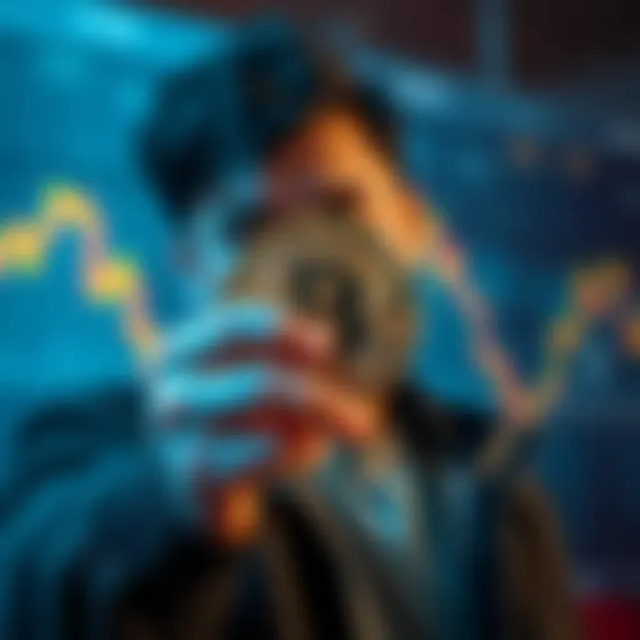 A person holding a Bitcoin tightly, looking determined despite a downward trend graph in the background, symbolizing commitment to cryptocurrency.
