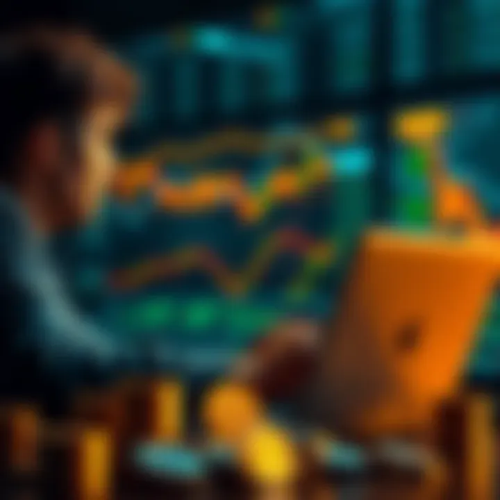 A person looking at a laptop with cryptocurrency charts, relaxed and focused on long-term investment, with coins in the foreground.