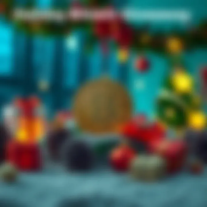 A festive scene with a Bitcoin symbol surrounded by holiday decorations and gifts, representing a giveaway event.