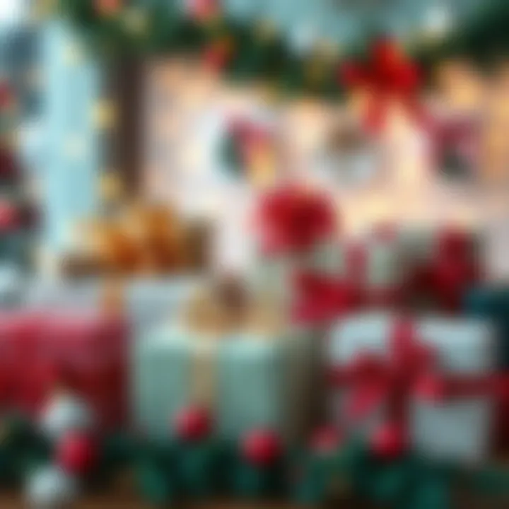A festive display of wrapped gifts in various sizes with holiday decorations around them.