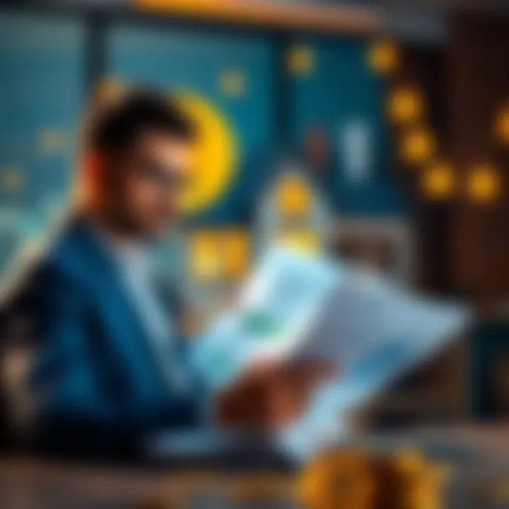 A person reviewing financial documents with a house and Bitcoin symbols in the background