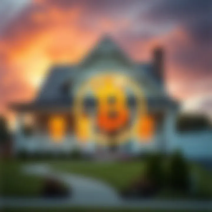 Home and Bitcoin Connection A house with a Bitcoin symbol overlay, representing the link between home buying and cryptocurrency investment