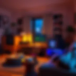 A comfortable living room with an efficient ASIC Bitcoin miner set up on a desk, showing a display of mining progress, surrounded by everyday items for a cozy environment.