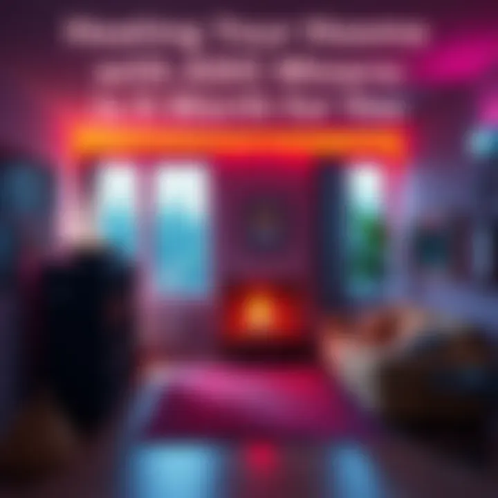 A living room with ASIC miners running while providing heat, showing warmth and technology, with a thermostat on the wall.