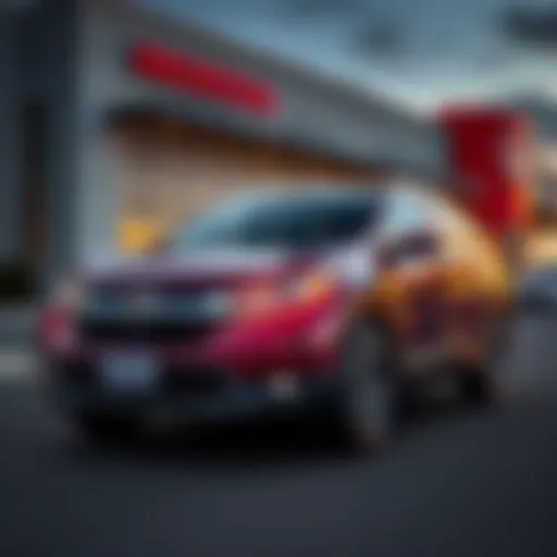 A new Honda CR-V parked in front of a dealership with a price tag displayed, illustrating a no-haggle buying experience.