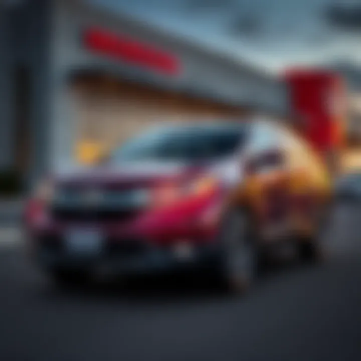 A new Honda CR-V parked in front of a dealership with a price tag displayed, illustrating a no-haggle buying experience.