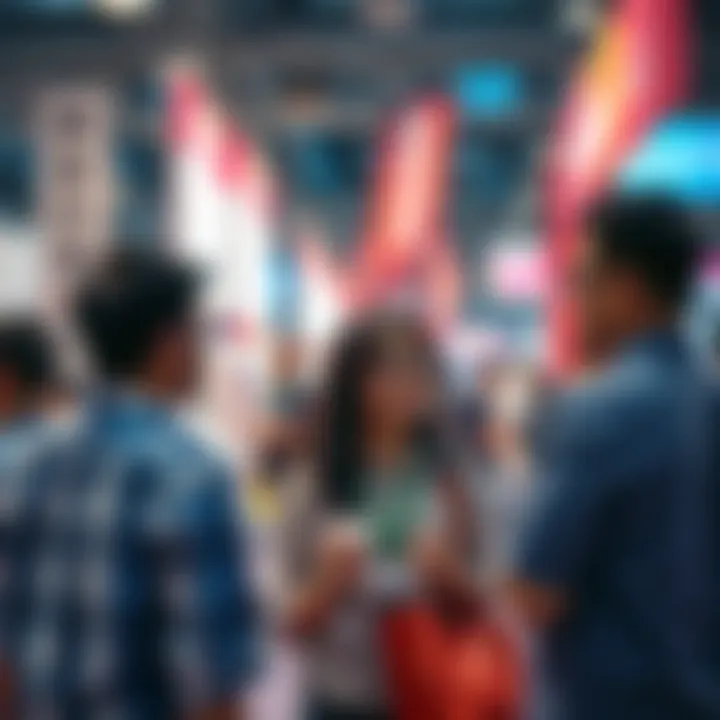 A group of people engaging in conversations at the Hong Kong Web3 Festival, with banners and a vibrant atmosphere in the background.