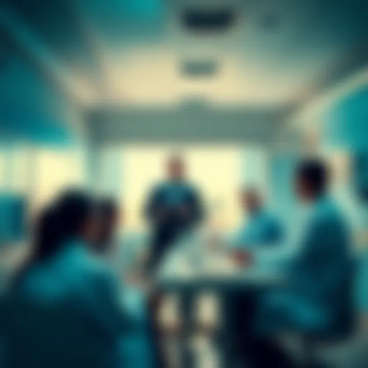 A hospital team meeting discussing HR strategies to improve efficiency.