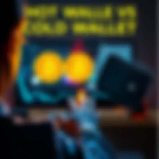 A person comparing hot and cold wallets for Bitcoin, with a computer showing a hot wallet interface on one side and a hardware cold wallet on the other side.