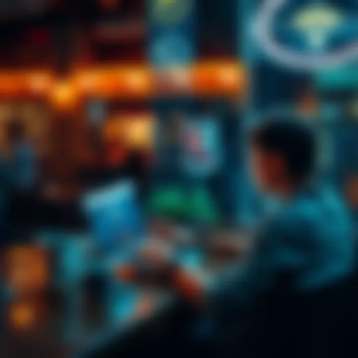 A person using a laptop in a cafe while connecting to a hotspot, looking at recommendations on the screen.