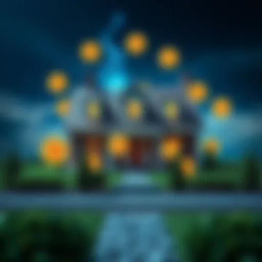 A house surrounded by symbols representing Bitcoin and Ethereum, illustrating a potential sale of cryptocurrency for property.