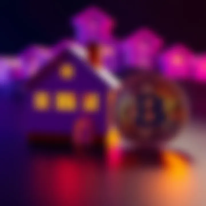 House and Bitcoin Symbols A house icon next to a Bitcoin symbol, representing the choice between buying a home and investing in cryptocurrency.